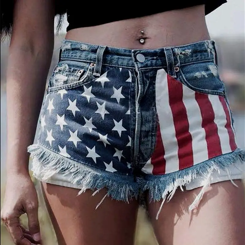

Hot Shorts Women Denim Shorts American Flag Print Short Jeans With Tassel