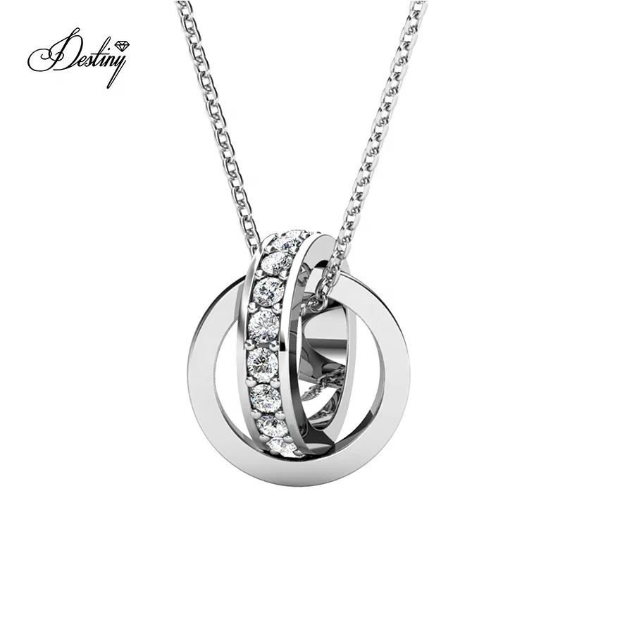 

Premium Austrian Crystal Jewelry Sterling Silver / Brass Forever Love Circle Hoop Double Ring Pendant Necklace Destiny Jewellery, White / rose gold