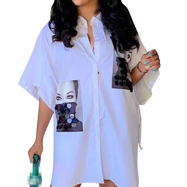 

Wholesale women casual wear fashion loose long blouse half sleeve white shirt dress