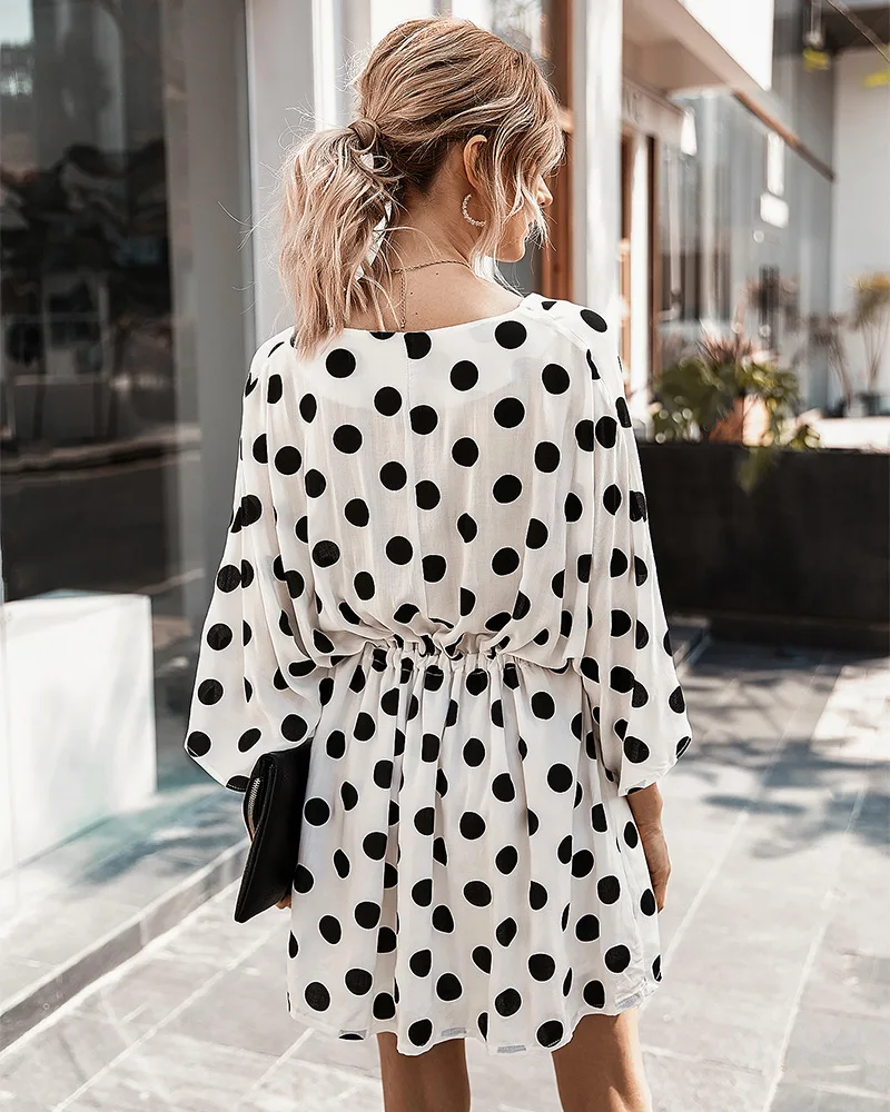 Fashion Hight Quality Women V-Neck Dot Pattern Printed Short Sleeve Holiday Casual Dress