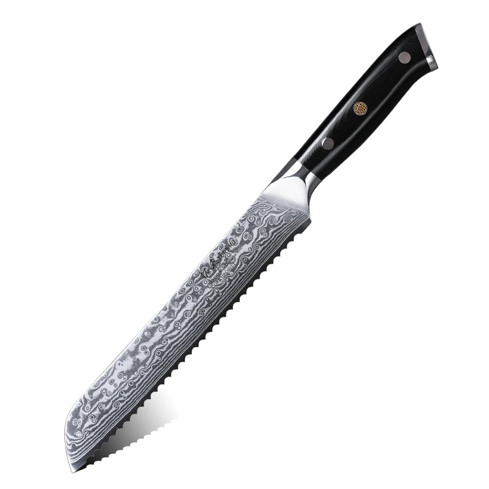 

New Arrivals Japanese 8 Inch Serrated Damascus Bread Knife with Black G10 Handle