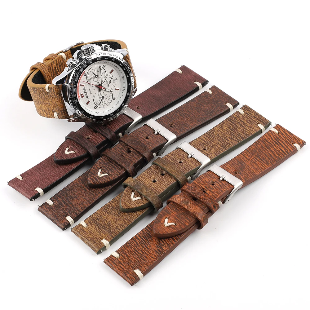 

onthelevel Vintage Cow Leather Strap Watch Band Real Genuine Leather Handmade Retro Watch Strap 18mm 20mm 22mm 24mm, As picture