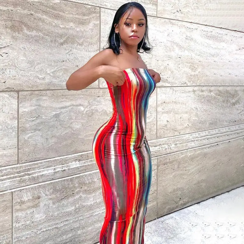 

New Arrivals Sexy Women Clothing Casual Dresses Elegant Off Shoul Dertie Dye Colorful Printed Stripe Bodycon Summer Sundresses