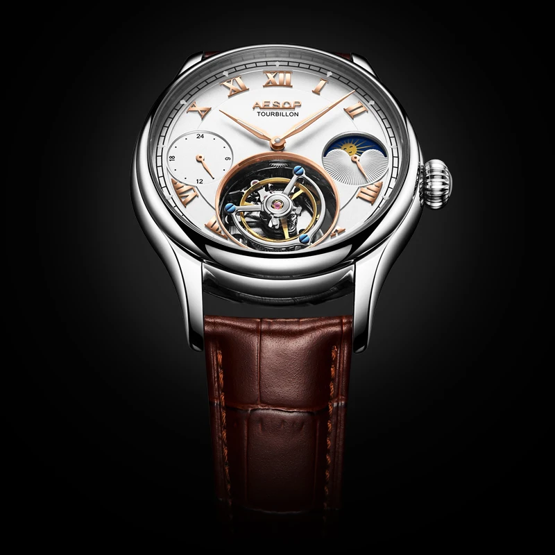 

High Luxury Business Tourbillon Mechanical Men Wrist Watches Dial Mechanical Hand Wind Leather Mens Moon Phase Wristwatch 7020