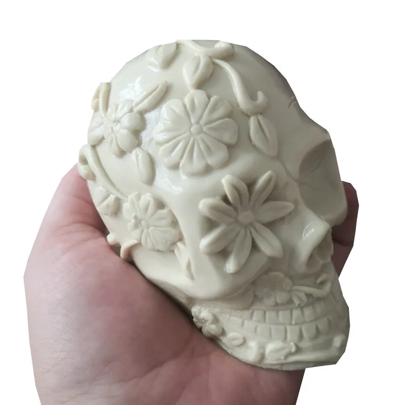 

R408 DIY Flower Rose Pattern Skull Candle Mold Silicone Gothic Soy vegan Candle Moulds For Skull Ornament, Stocked / cusomized