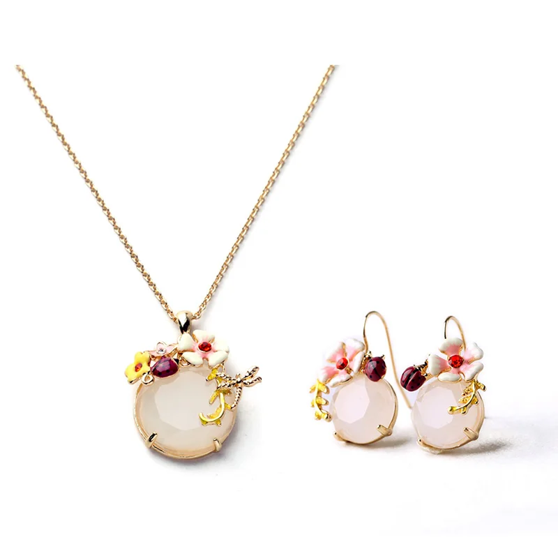 

xl00794a 2020 Bright Flower White Opal Ladybug Dragonfly Enamel Pendant Chain Necklace And Earring Jewelry Set For Women