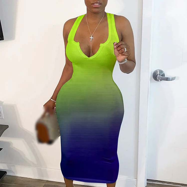 

Gradient Color V Neck Fitted Sleeveless Sexy Maxi Dress For Women, Orange,green
