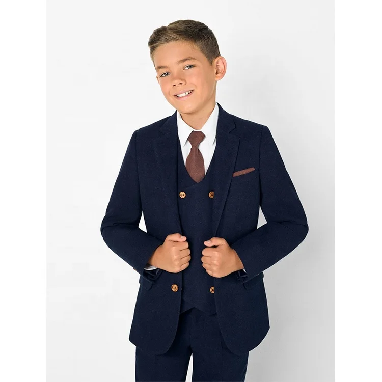 

Boys navy double breasted suit brushed fabric wood effect buttons custom heritage design formal wedding party kids suits set