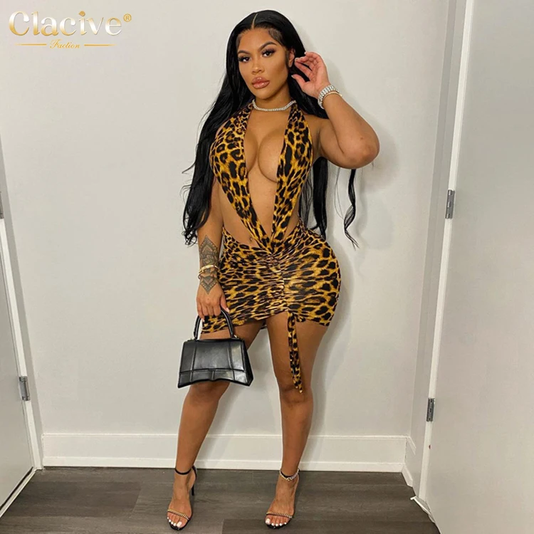 

Clacive New Arrival Women Clothing Fashion Slim Leopard Print Mini Dress Summer Halter Sexy Dresses Women