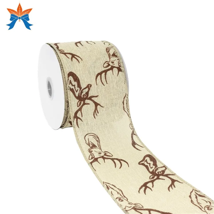 

Cotton Tan Canvas with Brown Deer Wired Famous Brand Ribbon