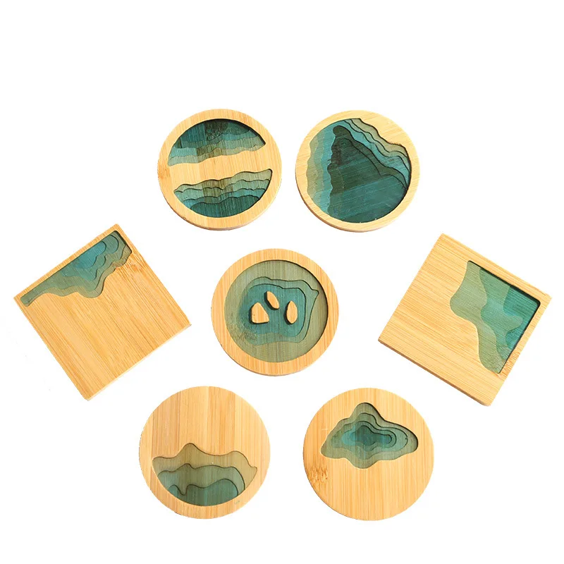 

creative epoxy transparent gradient blue bamboo round tea resin wood coasters for tea ceremony accessories