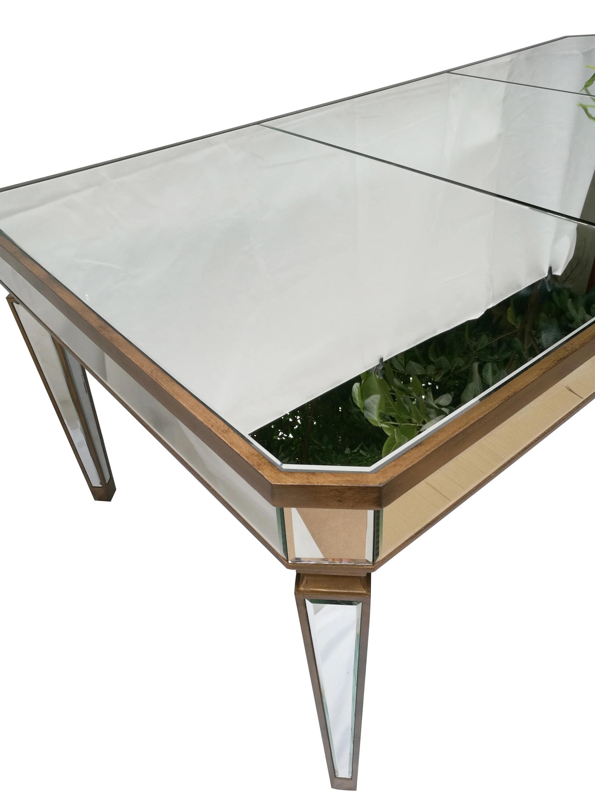 
New Arrival Factory Price 12 Person Antique Gold Wood Trimming Rectangle Mirrored Event Wedding Dining Table Furniture 