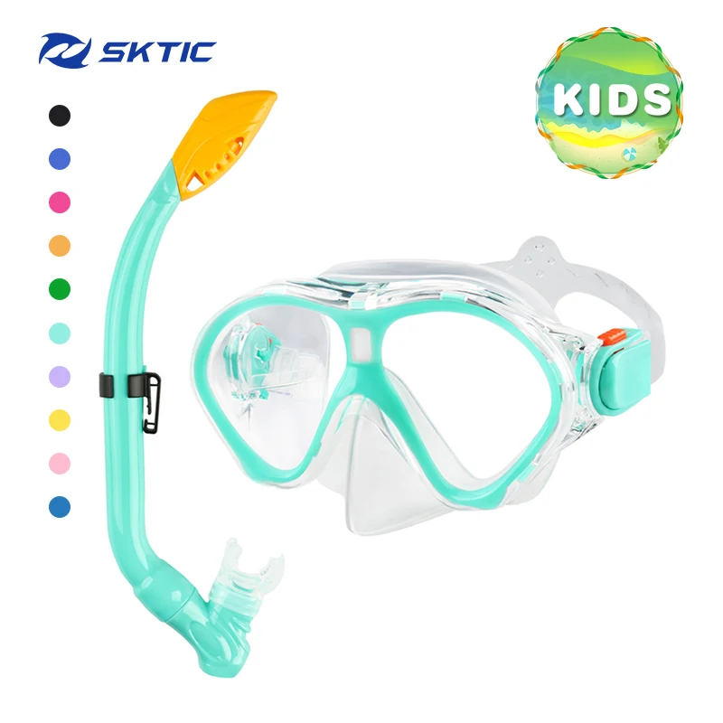 

SKTIC Top Quality youth diving masks cyan scuba diving set dry top breathing tube snorkel set snorkeling mask for kids, Transparent cyan