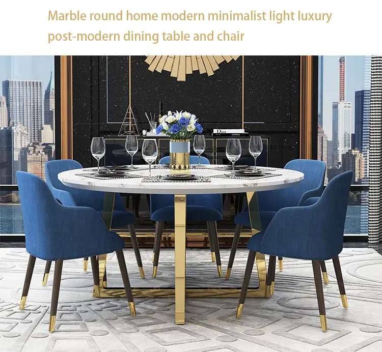 Hot sell gold metal leg cover modren dining table round shape and dining chair set for sale
