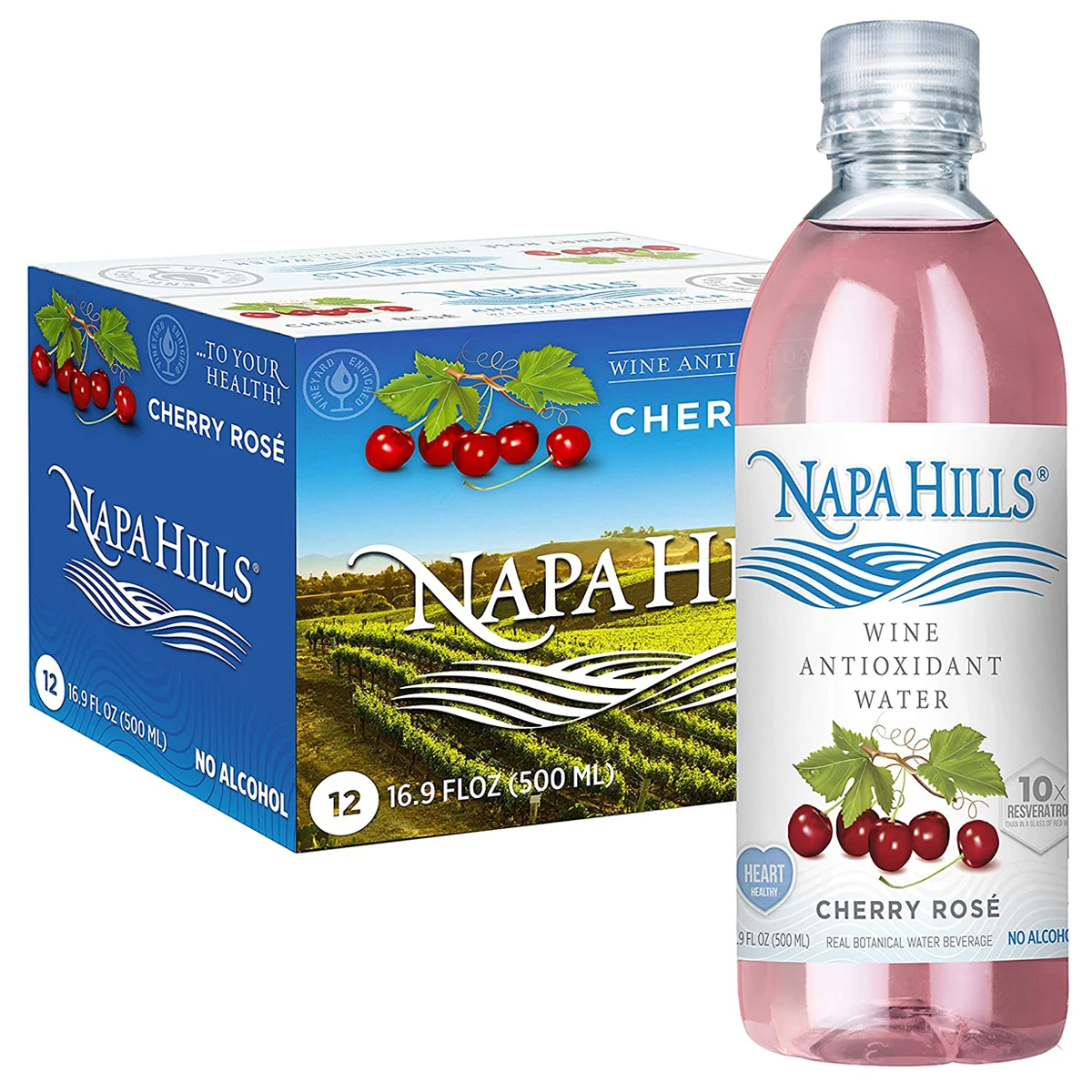 
Non Alcoholic Napa Hills Wine Antioxidant Water Cherry Rose Flavored Wine Water Resveratrol Enriched Drink Cherry Rose 12 Pack 