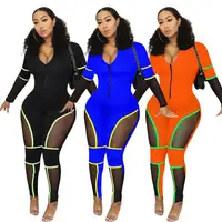 

SAY8120 custom logo polyester spandex patchwork design sports women transparent tight one piece jumpsuit