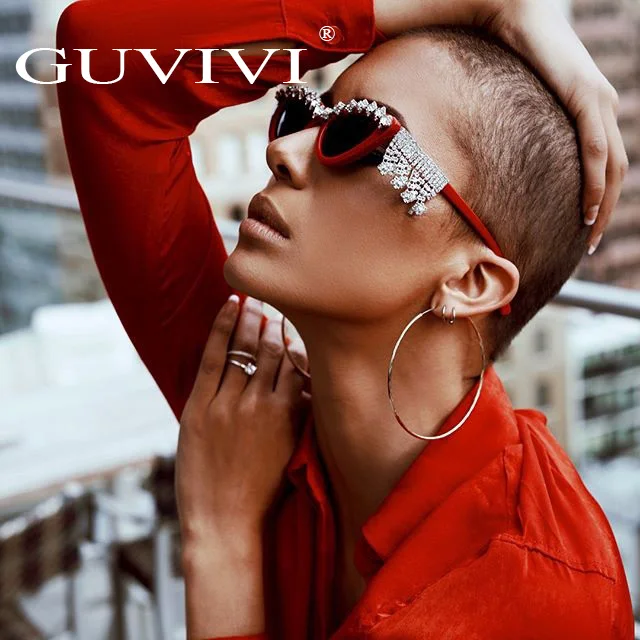 

GUVIVI Vintage sexy red women tassel diamond Wholesale sunglasses from china High quality fashionable Cat eye Sunglasses 2019, Pink,rose gold,red,blue,green