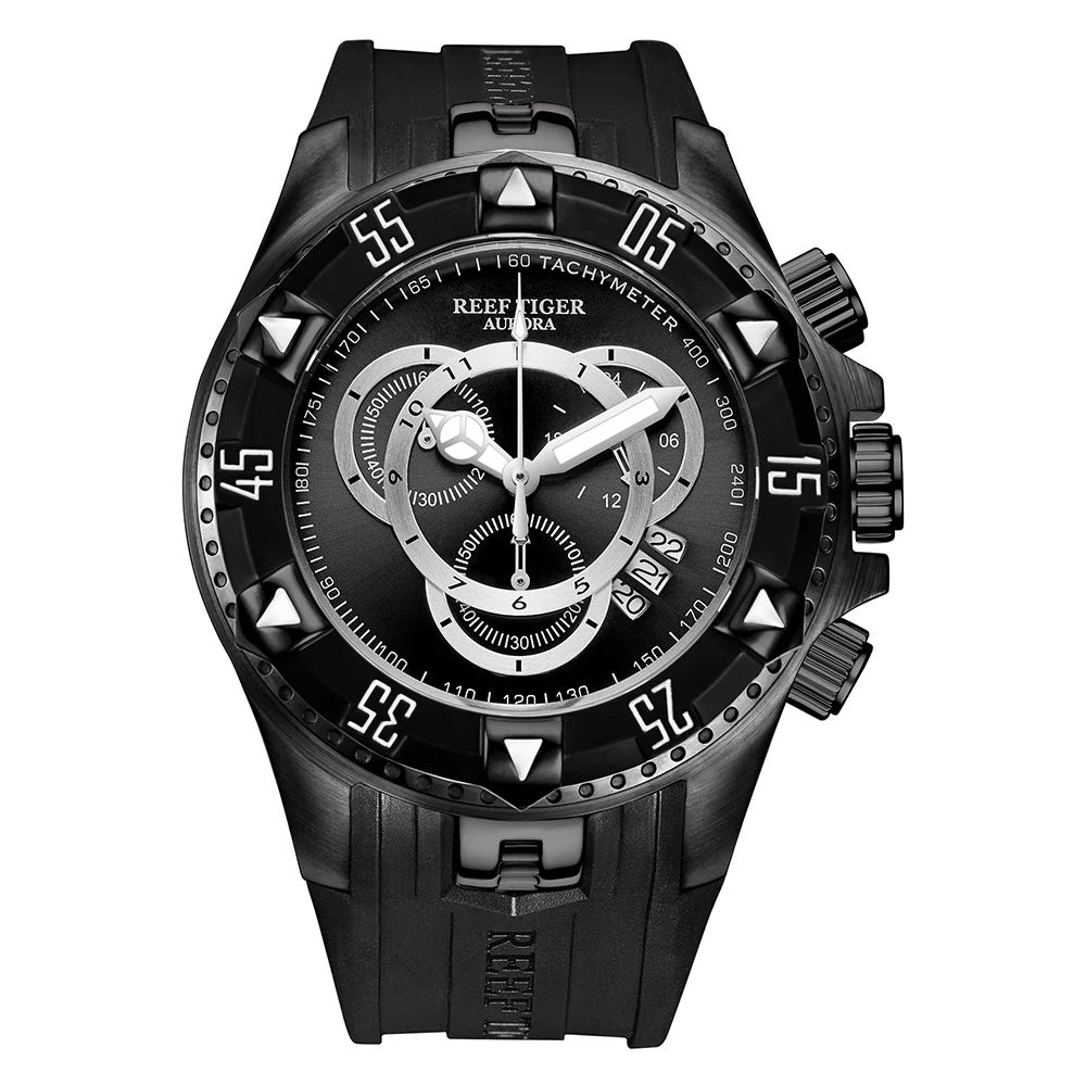 

Reef Tiger Big Sport Watches Men All Black Chronograph Watch Rubber Strap Big Date Watch Waterproof Relogio Masculino RGA303-2