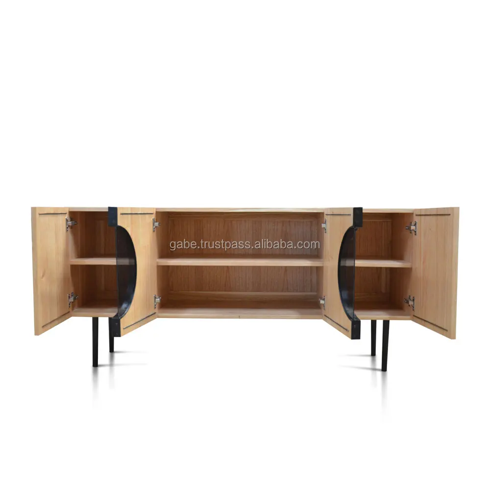 Solid Wooden Sideboard Natural Colour With Round Glass Doors Buy