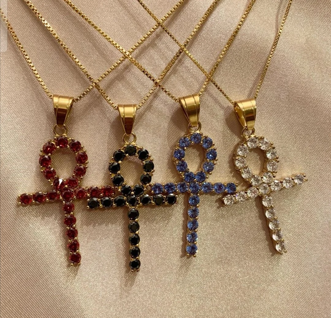 

Wholesale Price Ankh Cross Necklace For Women 2021 Jewelry Natural Stone Diamond Crystal Cross Necklace Pendant, Green , white,pink,blue,purple