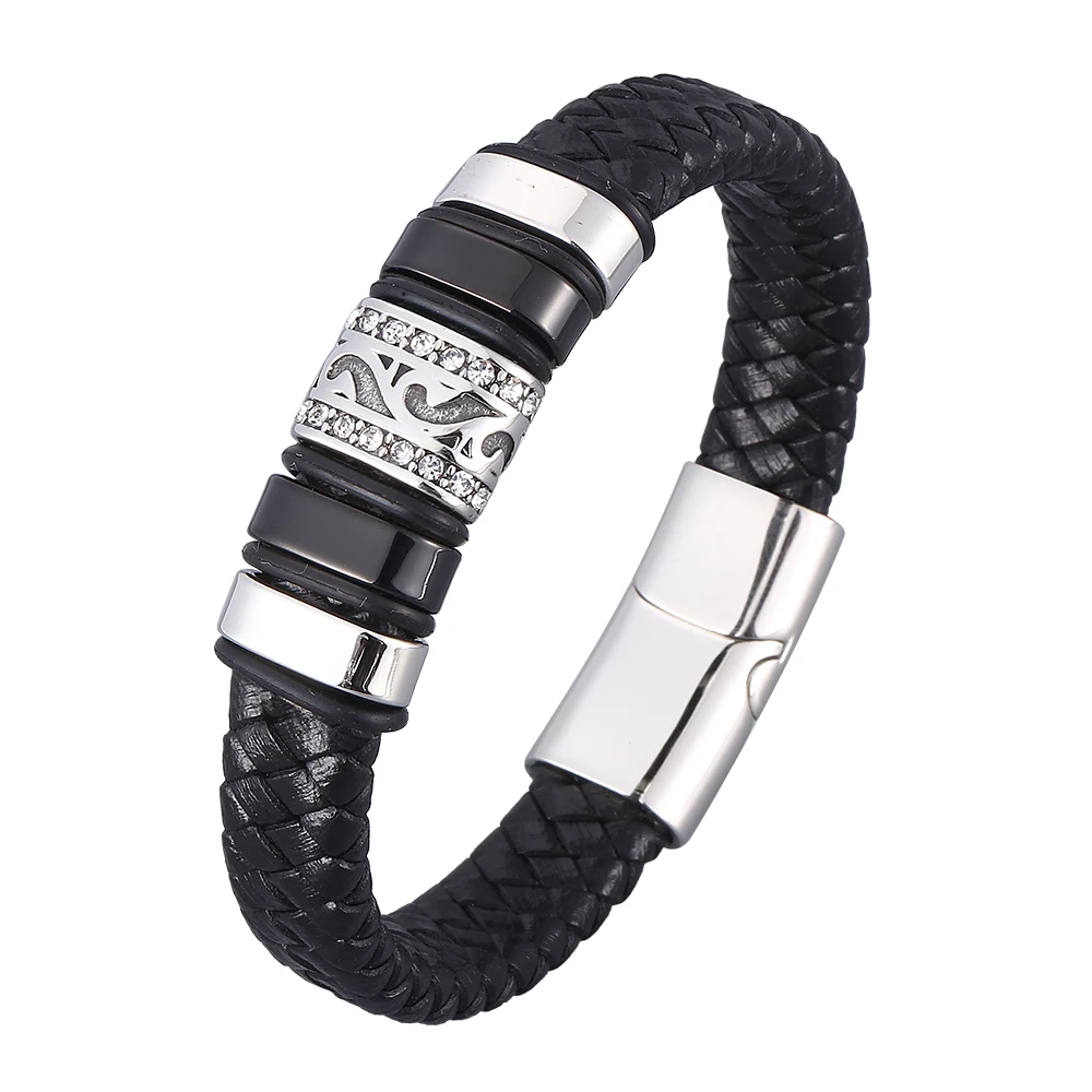 

Luxury Accessories Trendy Bracelet Men Double Black Genuine Leather Wristband Stainless Steel Bangles Punk Wrist Jewelry SP0960