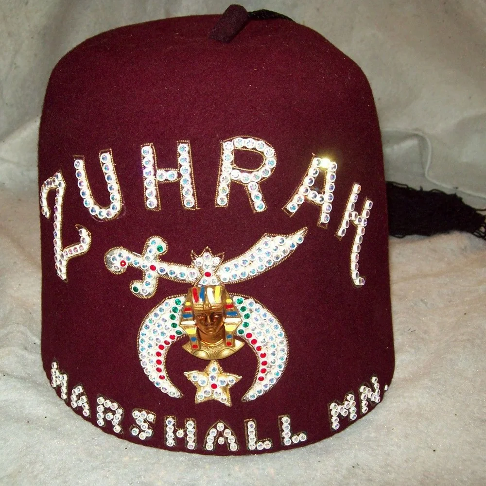 Shriners Masonic Fez Hat With Rhinestones And Gold Bullion Threads Fez