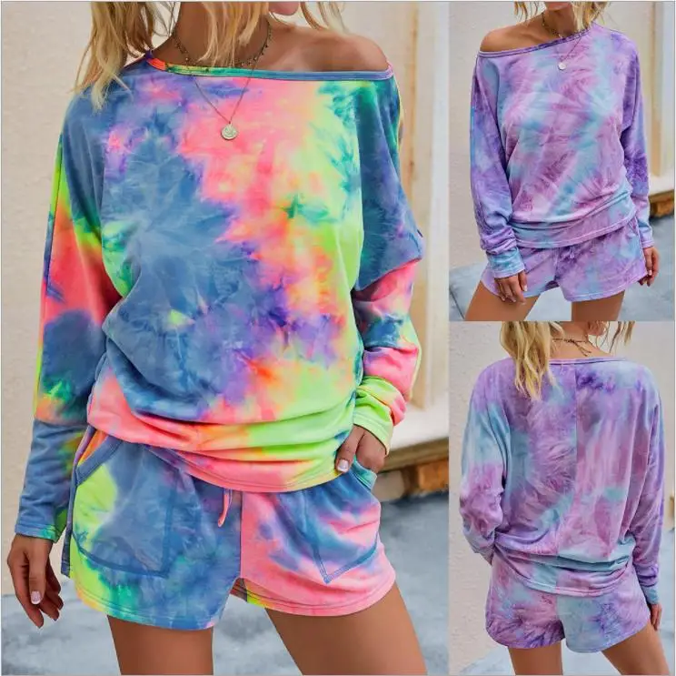 

summer 2021 Women's Tie Dye Lounge Top and Shorts Set, Customized color