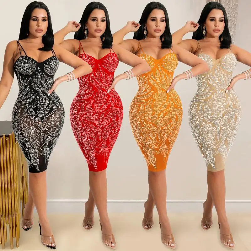 

Hot Sale Rhinestone Nightclub Party Dress Club Wear Low Cut Hot Diamond Evening Dress Skirt Women Woman Sexy Mesh Dresses