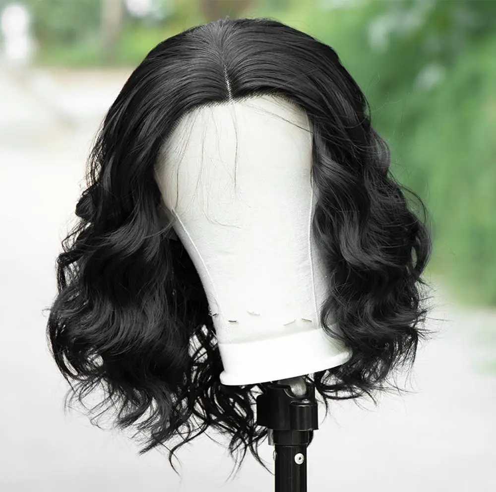 

Natural Looking Cheap 16 Inches 1B Black Wavy Shoulder Length Middle Part Heat OK Fiber Hair Synthetic Lace Front Wigs for Women