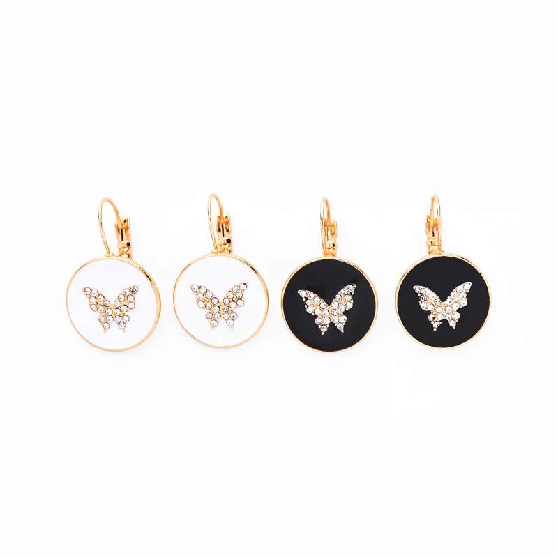 

e0514 The Hottest Butterfly Element Of 2020 Black White Enamel Hoop Earring, Gold