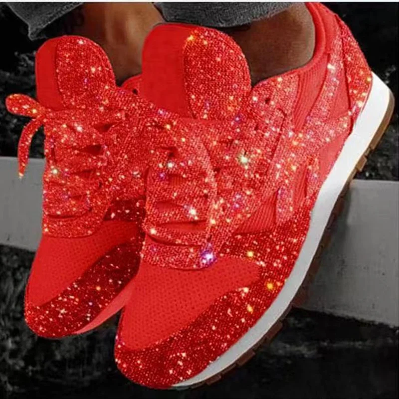 

New Hot Style Sequined Casual Shoes for Women with Breathable Drillers and Large Platform Sneakers Sport Women's Shoes, Blue red black pink blue customzied