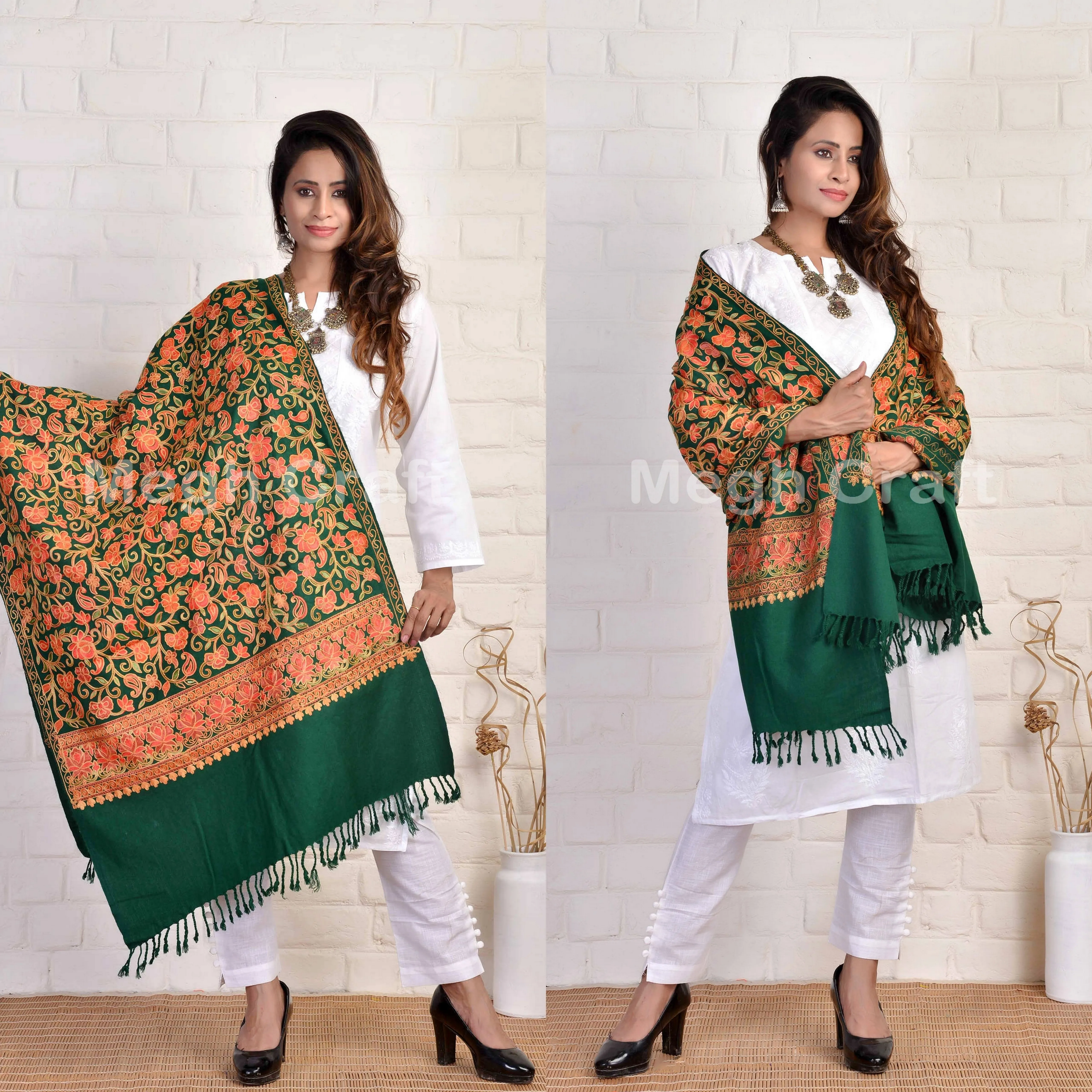 Kashmir Embroidery Shawl Stoles - Silk Woolen Shawl - online wholesale fashion pashmina stoles - latest designer hijab