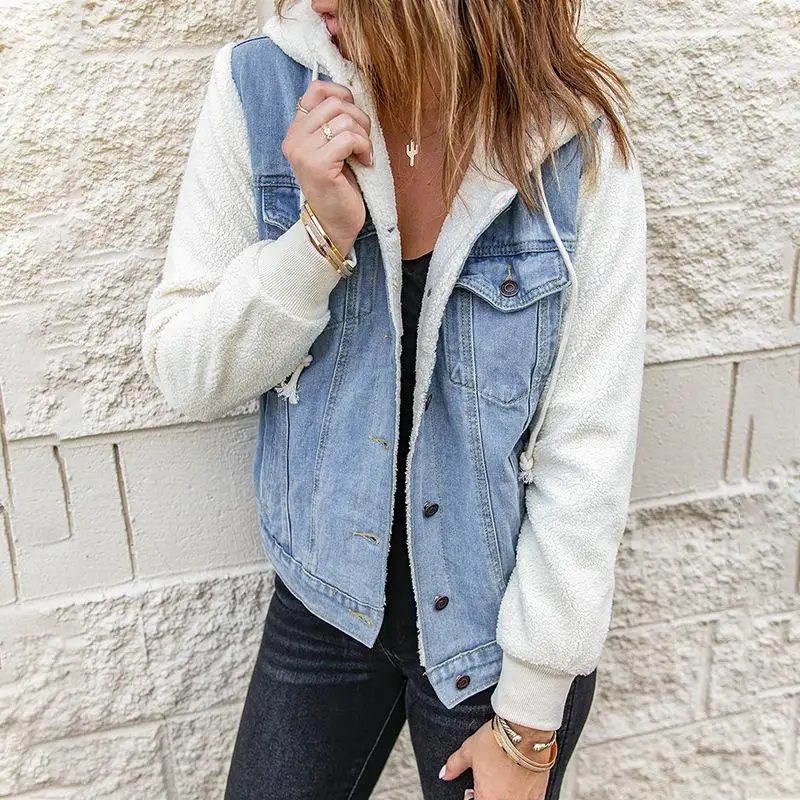 

2021 Wholesale Winter Hoodie Design Jean Jacket Wool Coat Blue Denim Women Jacket