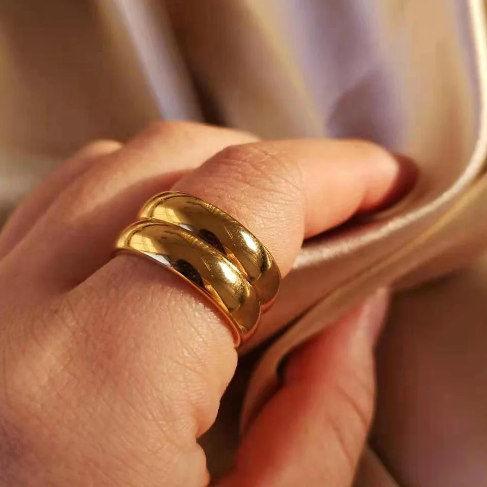 

9.7mm Wide Smooth Unique Double Layer Finger Ring 18K Gold IP Plated Stainless Steel Smooth Chunky Ring