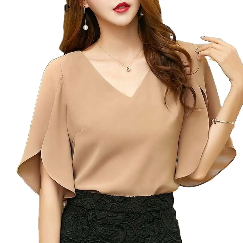 

2021 Summer Blouses Womens Casual Solid Chiffon Shirt Blusa Feminina Butterfly Sleeve Korean Loose Women Blouse Top