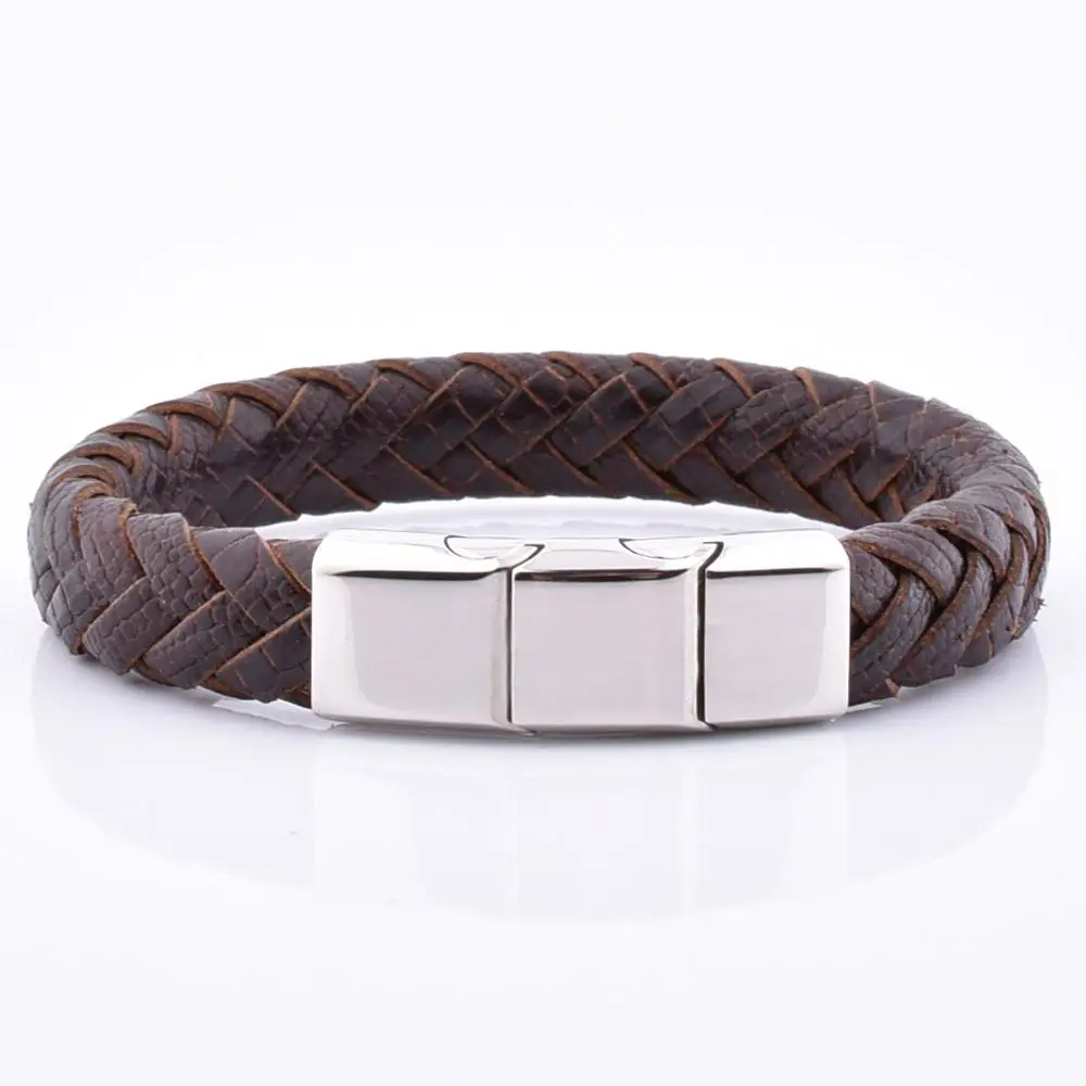 

New Design Male Vintage Leather Wristbands Silver Steel Adjustable Clasp Bracelet